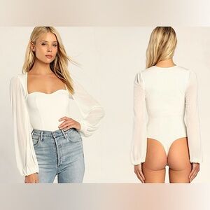 Lulus Sensational Sweetheart White Ribbed Balloon Sleeve Bodysuit, Size S, NWT